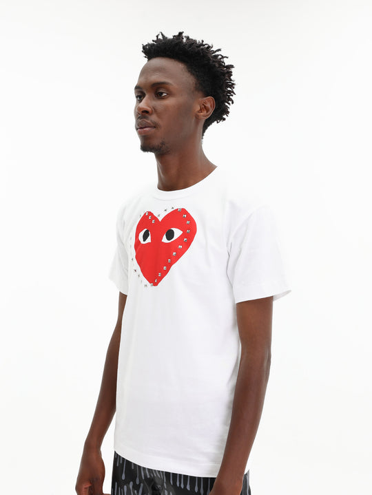 Comme De Garcons Crew Play Stud Print Red Heart White