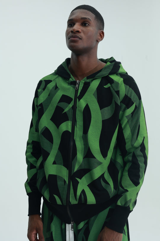 Massimo Sabbadin Sweater Hooded Full Zip Aop Green-Black