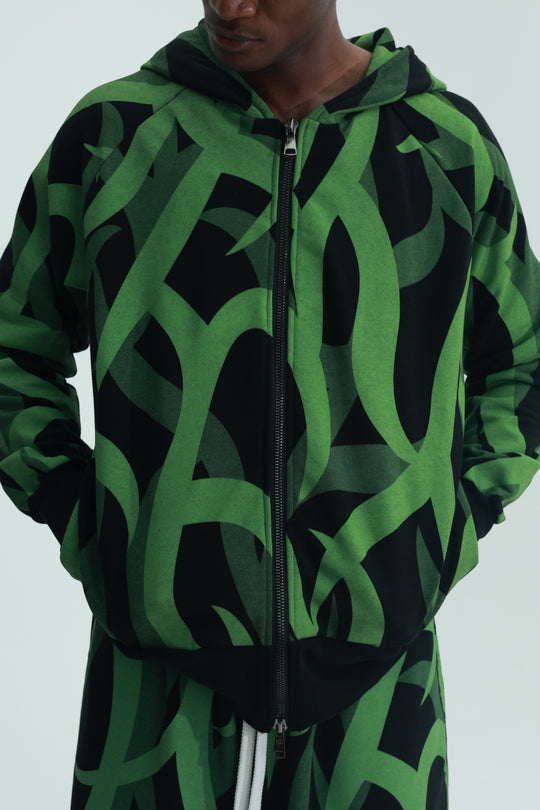 Massimo Sabbadin Sweater Hooded Full Zip Aop Green-Black